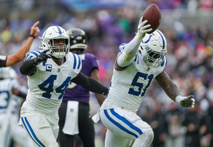 Indianapolis Colts defensive end Kwity Paye (51) and linebacker Zaire Franklin (44) celebrate a second quarter fumble recovery on Sunday, Sept. 24, 2023, at M&T Bank Stadium in Baltimore.